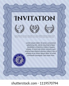 Blue Retro vintage invitation. With great quality guilloche pattern. Detailed. Nice design. 