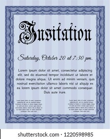 Blue Retro vintage invitation. With great quality guilloche pattern. Cordial design. Detailed. 