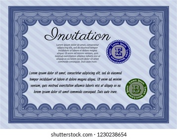 Blue Retro vintage invitation. With great quality guilloche pattern. Artistry design. Detailed. 