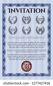 Blue Retro vintage invitation. With great quality guilloche pattern. Customizable, Easy to edit and change colors. Sophisticated design. 