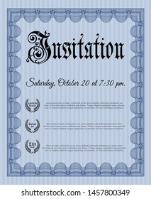 Blue Retro vintage invitation. With great quality guilloche pattern. Detailed. Sophisticated design. 