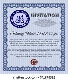 Blue Retro vintage invitation. With great quality guilloche pattern. Excellent design. Vector illustration. 