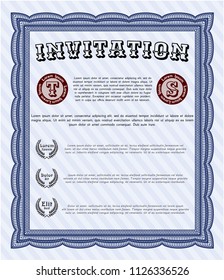 Blue Retro vintage invitation. With guilloche pattern. Excellent design. Detailed. 