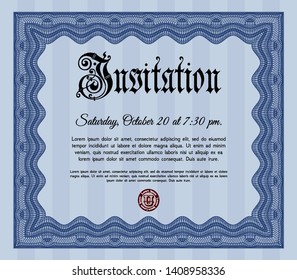 Blue Retro vintage invitation. With guilloche pattern. Vector illustration. Money design. 
