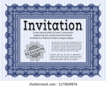 Blue Retro vintage invitation. Modern design. With great quality guilloche pattern. Vector illustration. 