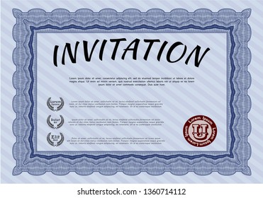 Blue Retro vintage invitation. Modern design. Vector illustration. With guilloche pattern and background. 