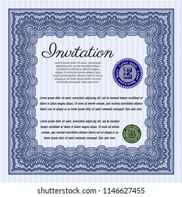 Blue Retro vintage invitation. Money style design. With guilloche pattern. Detailed. 