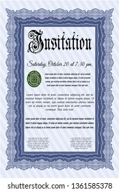 Blue Retro vintage invitation. Nice design. Complex background. Detailed. 