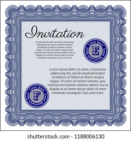 Blue Retro vintage invitation. Sophisticated design. With complex linear background. Customizable, Easy to edit and change colors. 