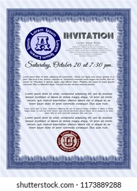 Blue Retro vintage invitation. Vector illustration. With complex linear background. Good design. 