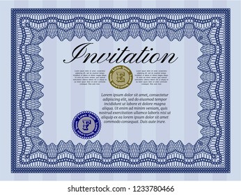 Blue Retro vintage invitation. Vector illustration. With guilloche pattern. Money style design. 