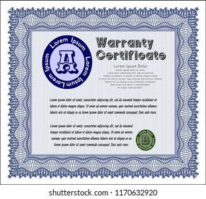 Blue Retro vintage Warranty Certificate. Complex background. Detailed. Lovely design. 