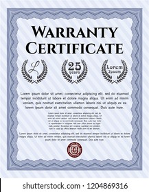 Blue Retro vintage Warranty Certificate. Superior design. Vector illustration. With great quality guilloche pattern. 