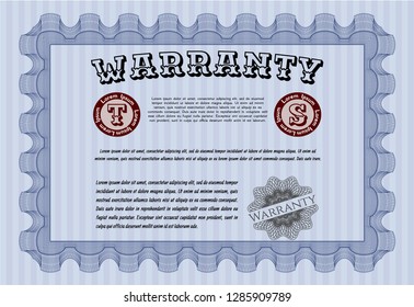 Blue Retro vintage Warranty Certificate. With complex linear background. Cordial design. Customizable, Easy to edit and change colors. 