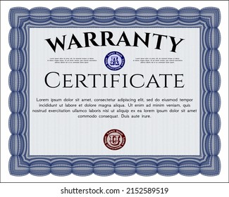 Blue Retro vintage Warranty Certificate. Perfect design.  With great quality guilloche pattern.  Detailed. 
