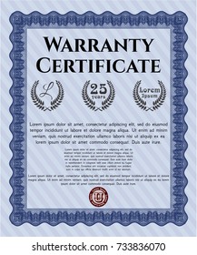 Blue Retro vintage Warranty Certificate. Complex background. Cordial design. Customizable, Easy to edit and change colors. 