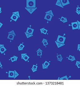 Blue Retro wall watch icon isolated seamless pattern on blue background. Cuckoo clock sign. Antique pendulum clock. Vector Illustration