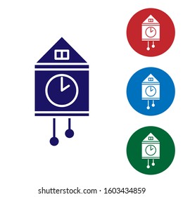 Blue Retro wall watch icon isolated on white background. Cuckoo clock sign. Antique pendulum clock. Set color icons in circle buttons. Vector Illustration
