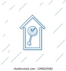 Blue Retro wall watch line icon isolated on white background. Cuckoo clock sign. Antique pendulum clock. Vector Illustration