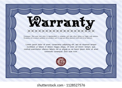 Blue Retro Warranty Certificate template. Customizable, Easy to edit and change colors. With great quality guilloche pattern. Sophisticated design. 