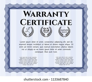 Blue Retro Warranty Certificate template. With background. Detailed. Superior design. 