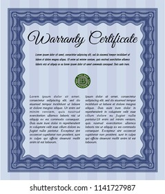 Blue Retro Warranty Certificate template. Nice design. With guilloche pattern. Detailed. 
