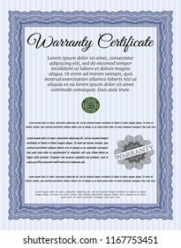 Blue Retro Warranty Certificate template. With linear background. Retro design. Detailed. 