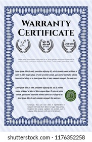 Blue Retro Warranty Certificate template. Modern design. With guilloche pattern. Customizable, Easy to edit and change colors. 