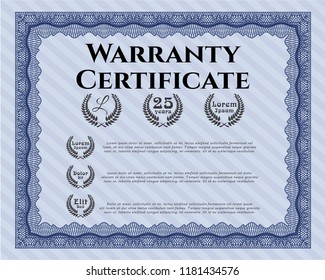 Blue Retro Warranty Certificate template. With guilloche pattern. Customizable, Easy to edit and change colors. Artistry design. 