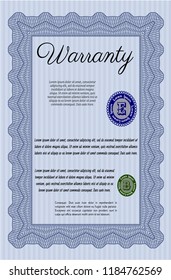 Blue Retro Warranty Certificate template. Artistry design. Customizable, Easy to edit and change colors. With great quality guilloche pattern. 
