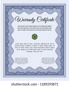 Blue Retro Warranty Certificate template. Complex background. Good design. Customizable, Easy to edit and change colors. 