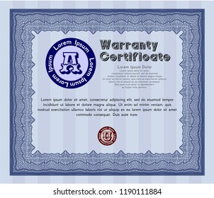 Blue Retro Warranty Certificate template. Easy to print. Retro design. Customizable, Easy to edit and change colors. 