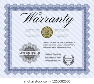Blue Retro Warranty Certificate template. Superior design. Detailed. With guilloche pattern and background. 