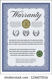 Blue Retro Warranty Certificate template. Vector illustration. With guilloche pattern and background. Sophisticated design. 