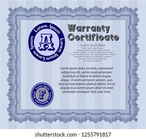 Blue Retro Warranty Certificate template. Excellent design. Vector illustration. With guilloche pattern and background. 