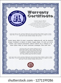 Blue Retro Warranty Certificate template. Money Pattern. With great quality guilloche pattern. Vector illustration. 