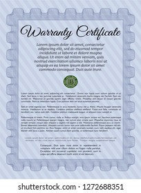 Blue Retro Warranty Certificate template. With guilloche pattern and background. Lovely design. Vector illustration. 