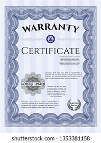 Blue Retro Warranty Certificate template. Cordial design. Customizable, Easy to edit and change colors. With guilloche pattern and background. 