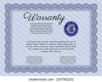 Blue Retro Warranty Certificate template. Sophisticated design. With great quality guilloche pattern. Detailed. 