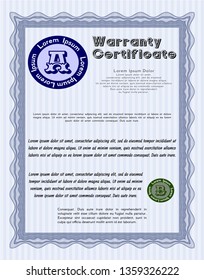 Blue Retro Warranty Certificate template. Beauty design. With great quality guilloche pattern. Vector illustration. 