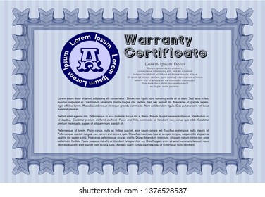 Blue Retro Warranty Certificate template. Money Pattern. With complex background. Vector illustration. 