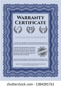 Blue Retro Warranty Certificate template. Vector illustration. With great quality guilloche pattern. Cordial design. 