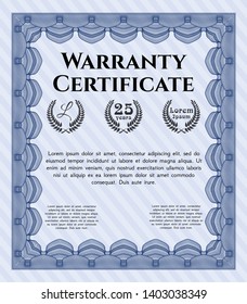 Blue Retro Warranty Certificate template. Sophisticated design. With complex background. Detailed. 