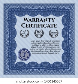 Blue Retro Warranty Certificate template. Printer friendly. Elegant design. Vector illustration. 