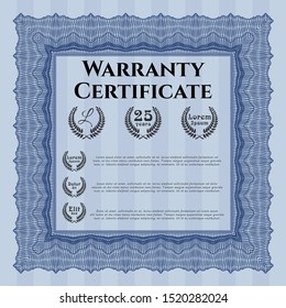 Blue Retro Warranty Certificate template. Money style design. Customizable, Easy to edit and change colors. With guilloche pattern. 