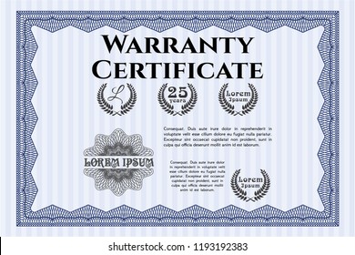 Blue Retro Warranty template. With complex linear background. Retro design. Detailed. 