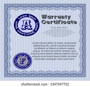 Blue Retro Warranty template. With complex background. Sophisticated design. Vector illustration. 