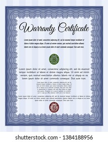 Blue Retro Warranty template. With complex linear background. Money style design. Vector illustration. 