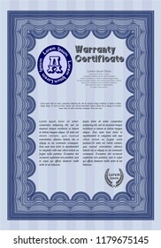 Blue Retro Warranty template. Retro design. With great quality guilloche pattern. Vector illustration. 