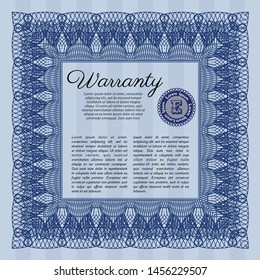 Blue Retro Warranty template. With guilloche pattern and background. Vector illustration. Cordial design. 